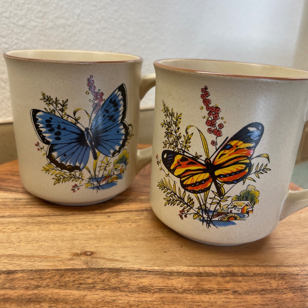 Vintage Korean Viking Stoneware Butterfly Mug‎ Set of 2 Blue & Orange